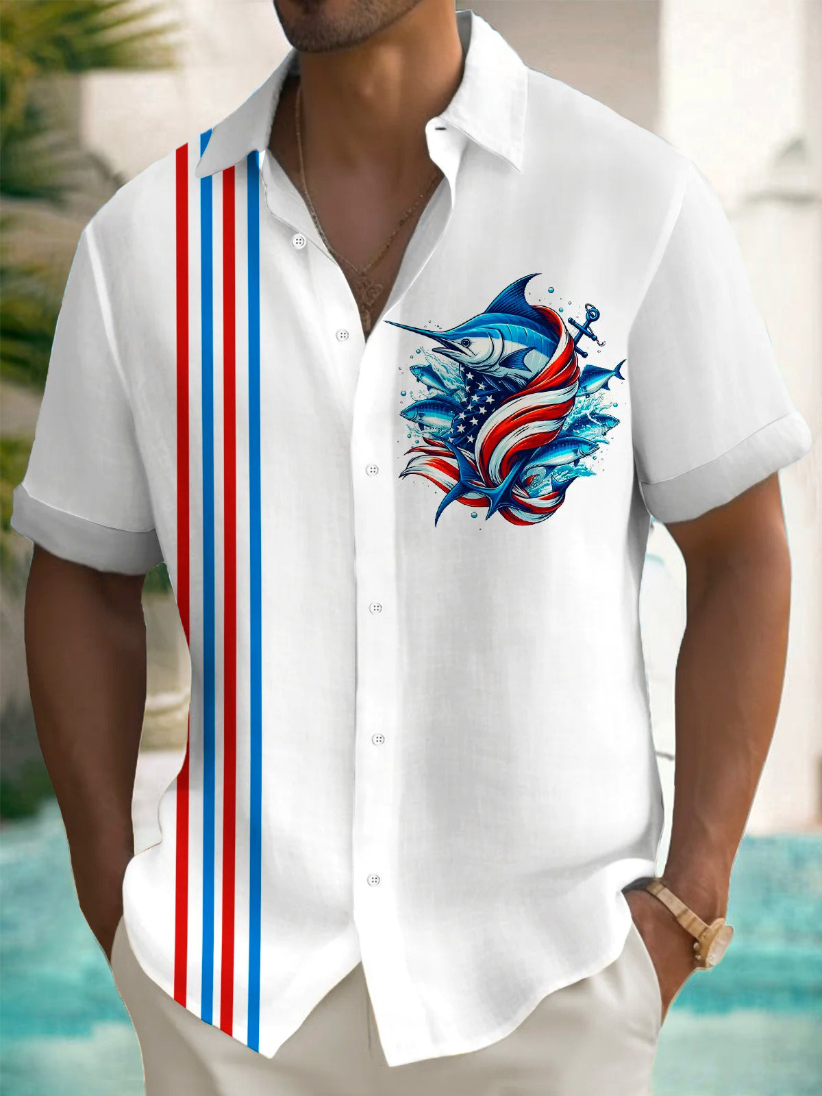 American Flag Stripes Ocean Fish Print Men's Pocket Short Sleeve Shirts