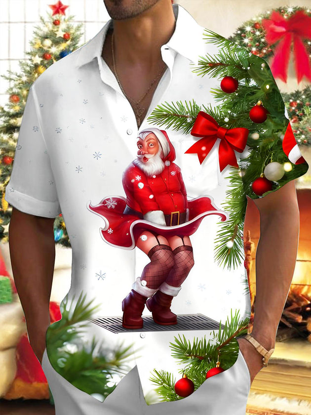 Men's red funny Santa Claus spoof print short sleeve shirt front view for Christmas holiday party