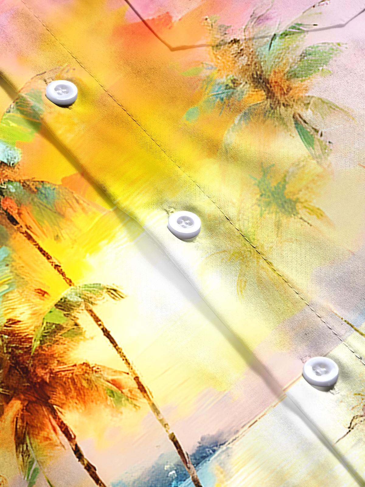 Hawaiian Oil Painting Coconut Tree Men's Pocket Short Sleeve Shirts