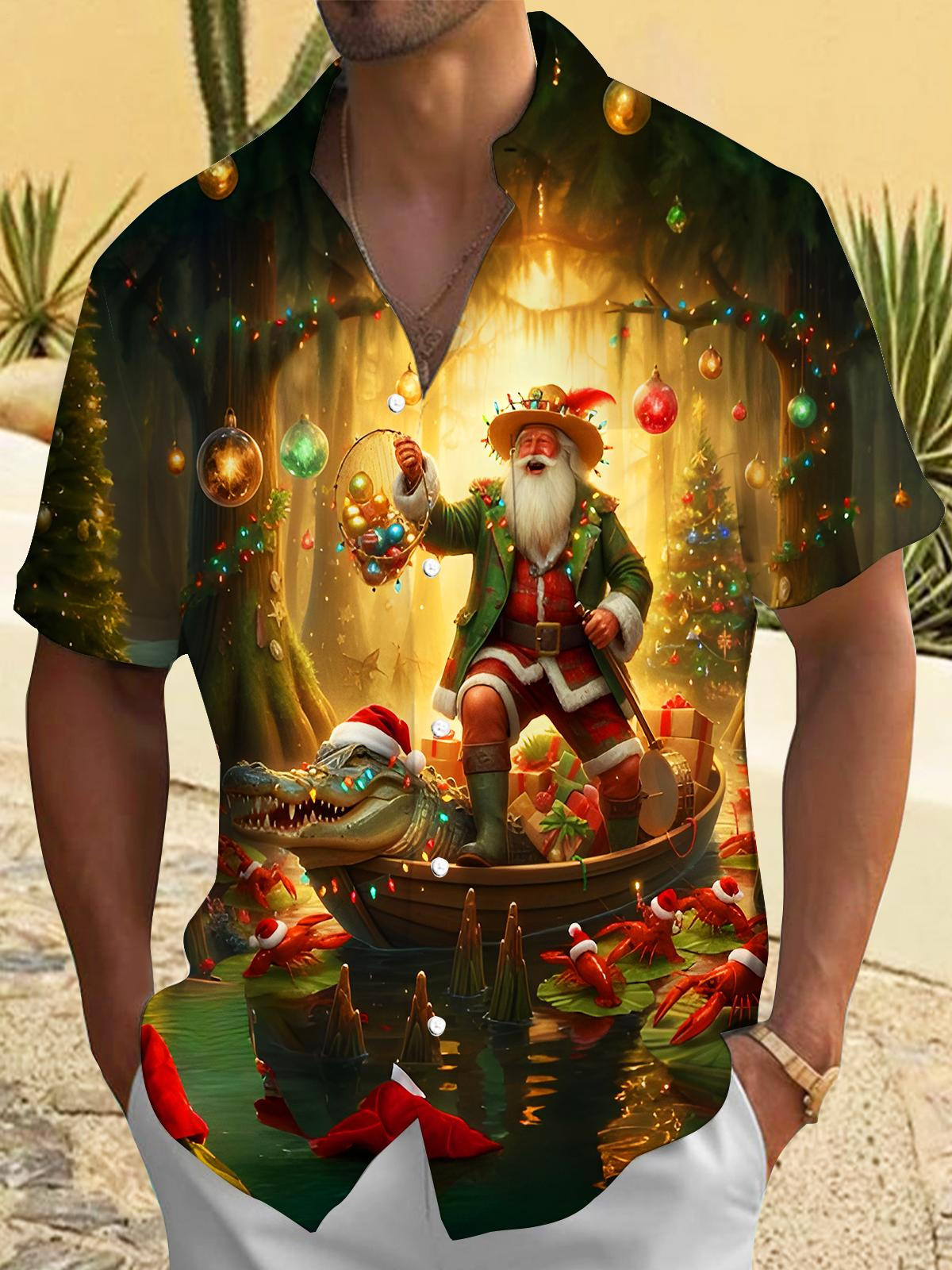 Fun Santa Claus Christmas Crocodile Lobster Xmas Men's Pocket Short Sleeve Shirts