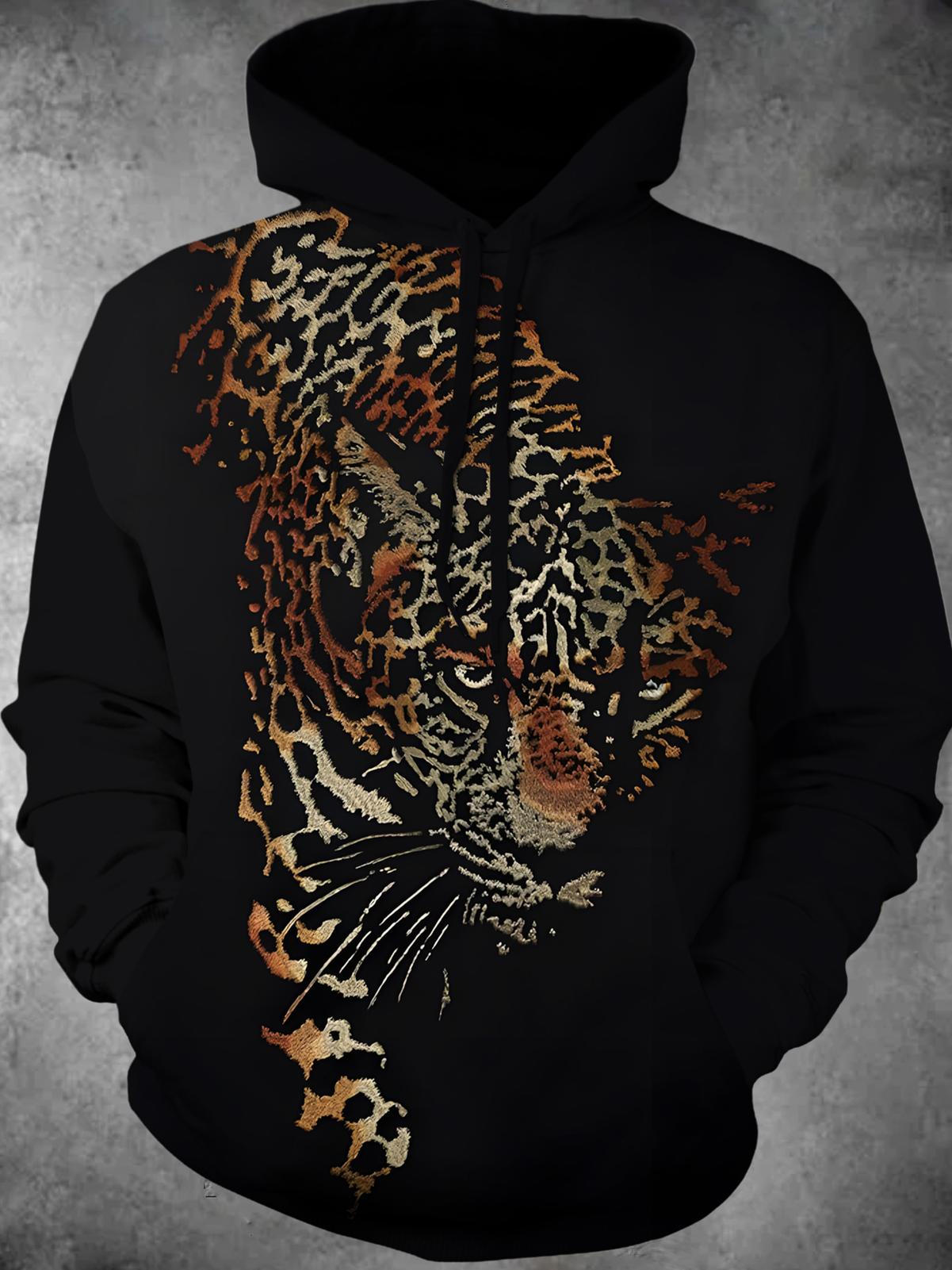 Animal Tiger Print Long Sleeve Hooded Pocket Men's Top