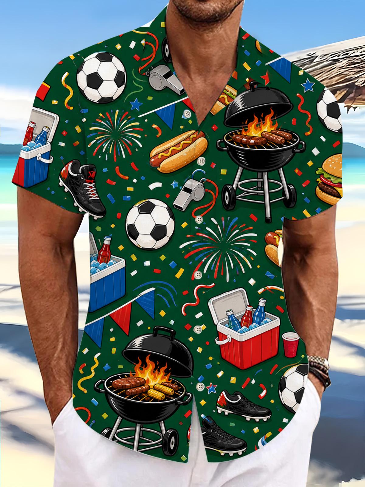 Independence Day American Flag Football Hot Dog Barbecue Print Men's Pocket Short Sleeve Shirts