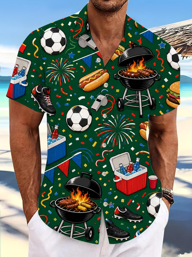 Independence Day American Flag Football Hot Dog Barbecue Print Men's Pocket Short Sleeve Shirts
