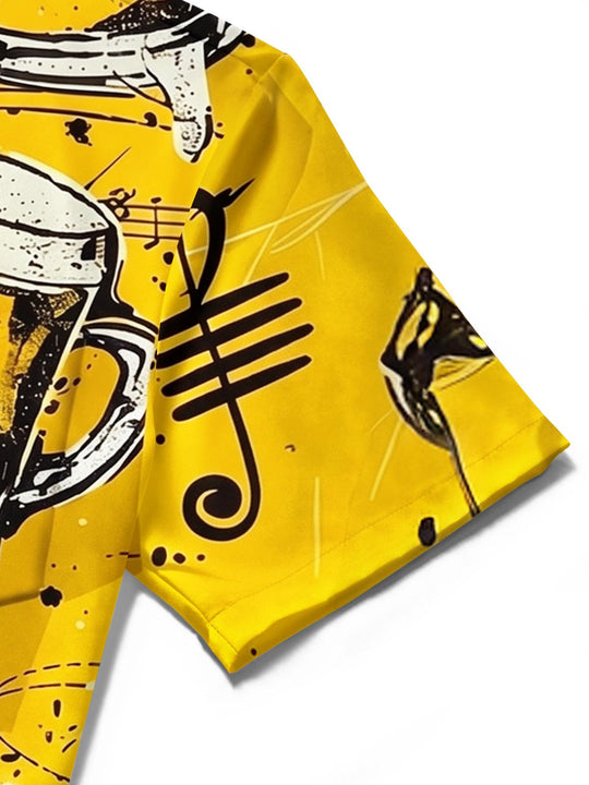 Men's black Hawaiian music note grunge art pocket short sleeve shirt close-up detail