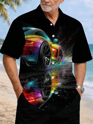 Men's short sleeve shirt with car print, front view