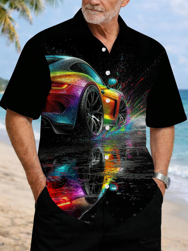 Men's short sleeve shirt with car print, front view