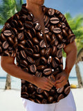 Coffee Bean Print Short Sleeve Men's Shirts With Pocket