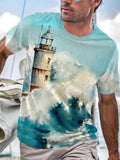 Oil Painting Lighthouse Round Neck Short Sleeve Men's T-shirt
