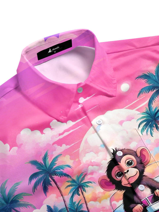 Men's tropical aloha shirt side view with coconut monkey print short sleeve