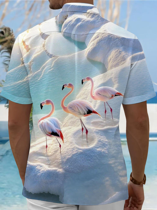 Men's flamingo print short sleeve shirt back view