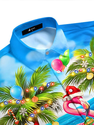 Hawaiian Summer Christmas Flamingo Beach Men's Pocket Short Sleeve Shirts