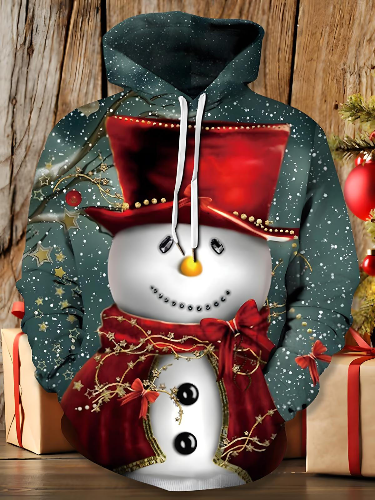 Snowman Long Sleeve Hooded Pocket Men's Top