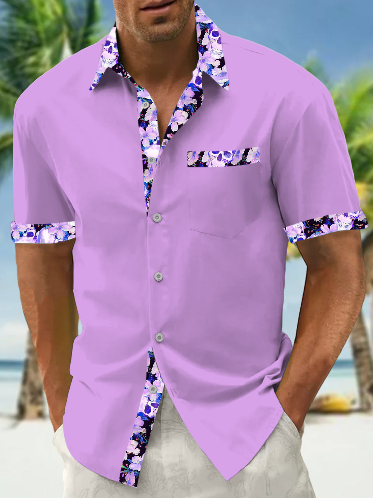 Skull Floral Print Men's Pocket Short Sleeve Shirts