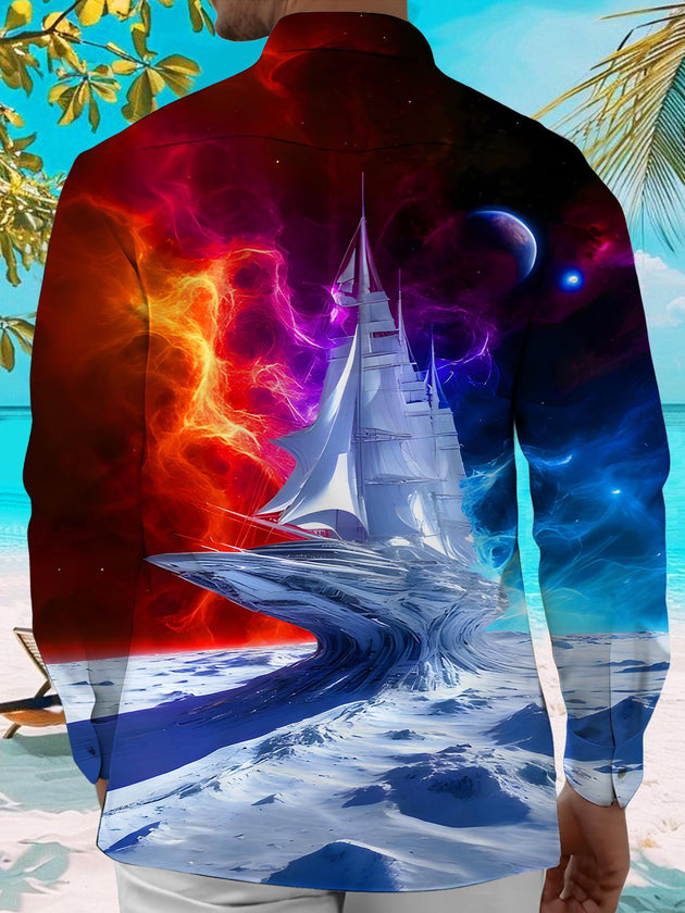 Men's long sleeve pocket shirt with interstellar boat print back view