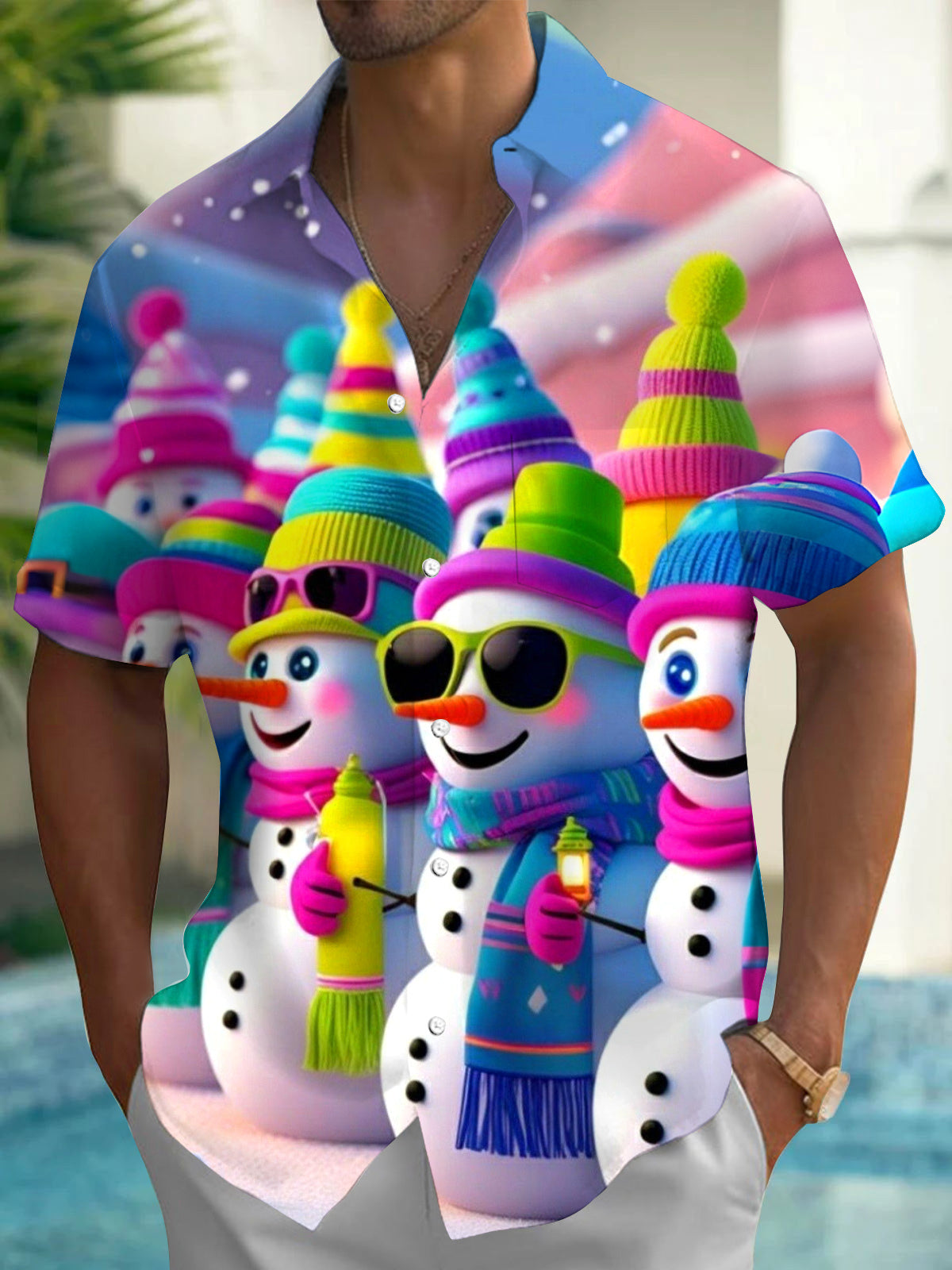 Snowman Print Men's Pocket Short Sleeve Shirts