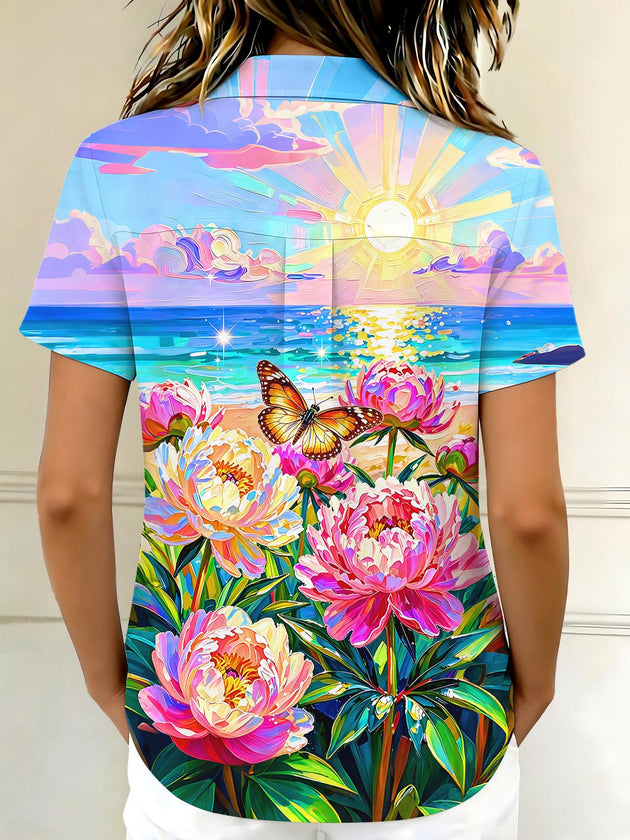 Art Seaside Sunset Peony And Butterfly Women's Short Sleeve Shirts