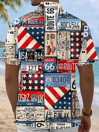 Men's blue American license plate print short sleeve shirt back view