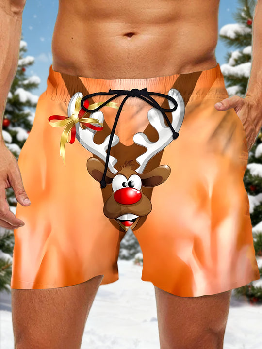 Men's red Christmas deer print casual shorts front view for holiday party