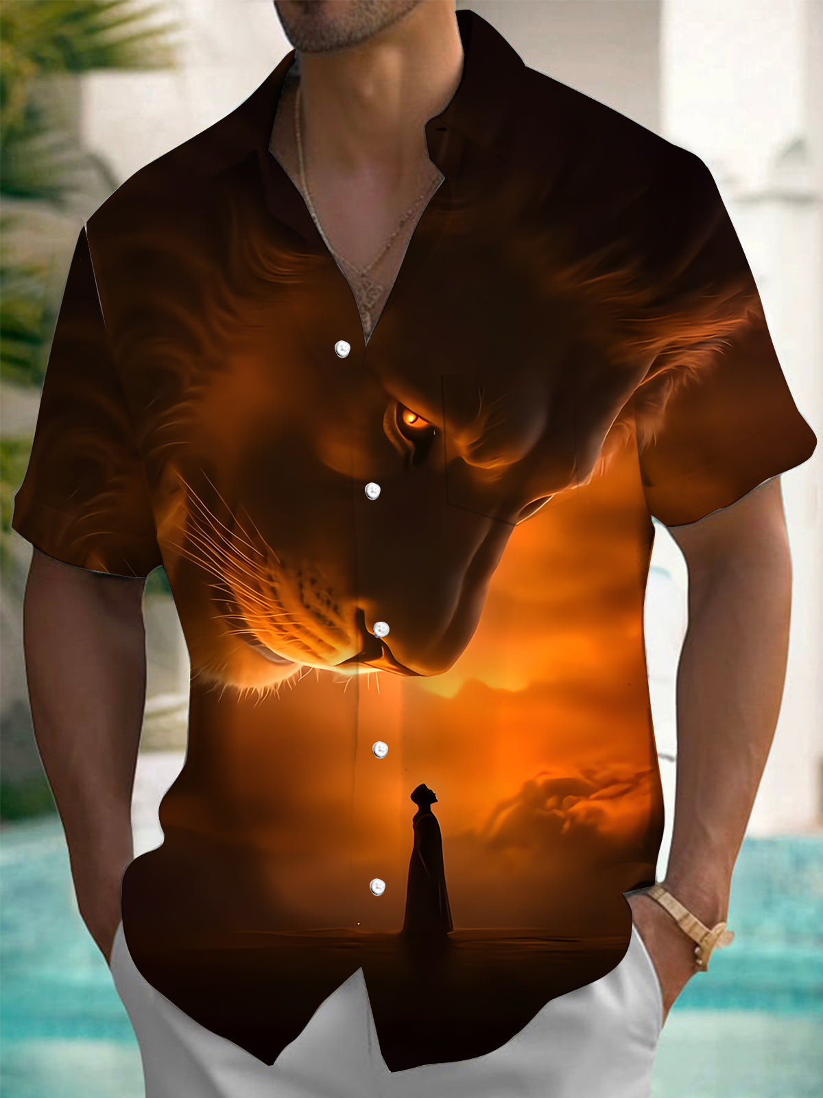 Animal Lion Print Men's Pocket Short Sleeve Shirts