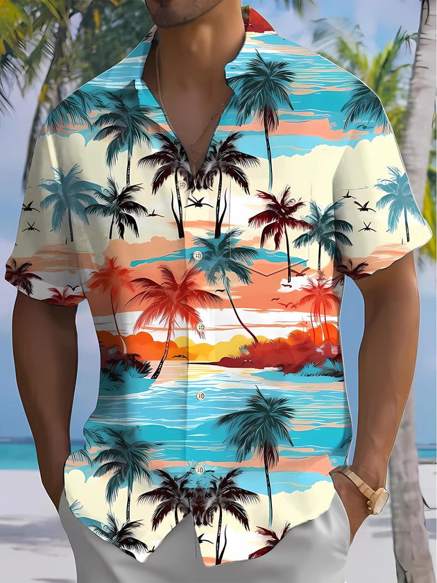 Men's Hawaiian coconut tree print short sleeve pocket shirt front view for tropical beach vacation