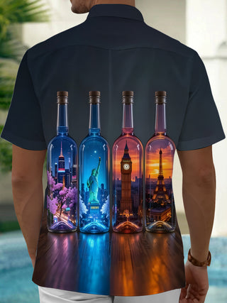Men's short sleeve pocket shirt back view with scenic spot print