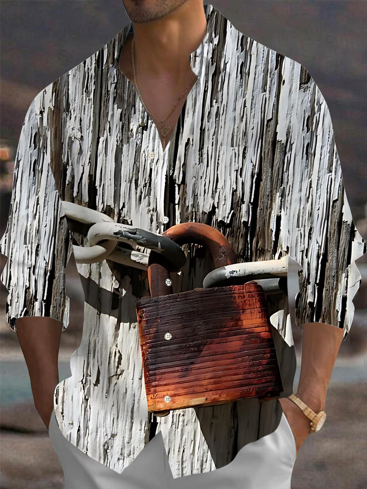 Vintage Lock Print Men's Pocket Long Sleeve Shirts