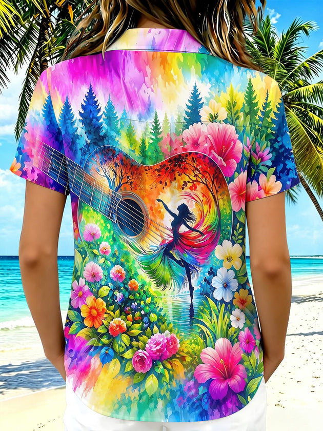 Music Guitar Dancer Watercolor Colorful Floral Women's Short Sleeve Shirts