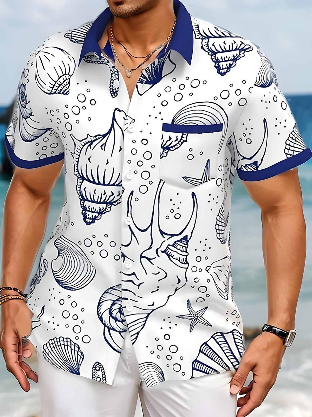 Hawaiian Conch Print Men's Pocket Short Sleeve Shirts