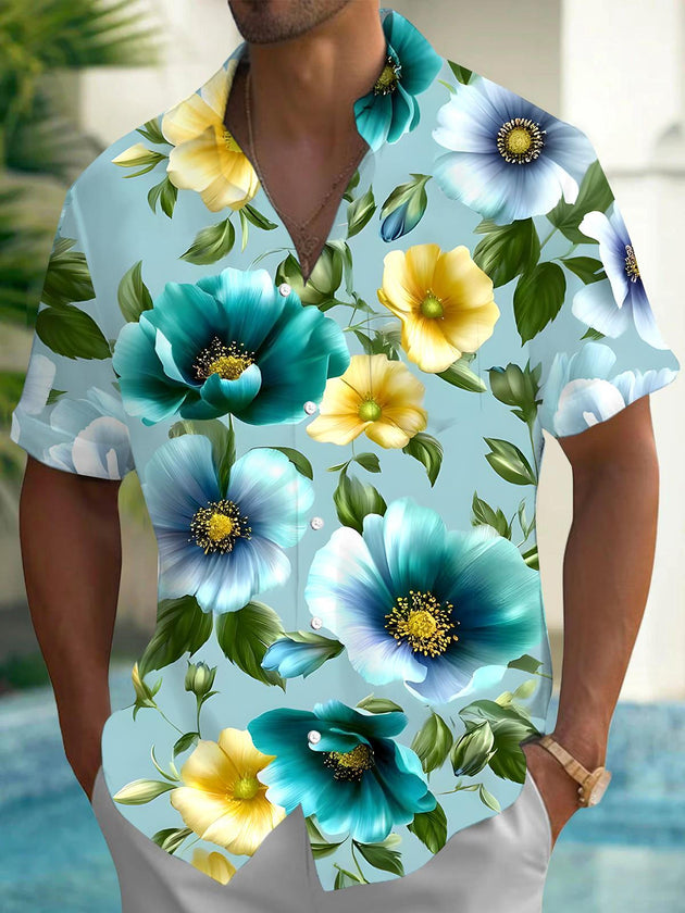 Men's floral short sleeve Hawaiian shirt front view for tropical beach vacation