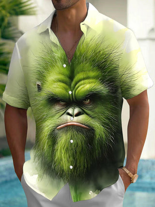 Men's green orangutan print short sleeve shirt front view