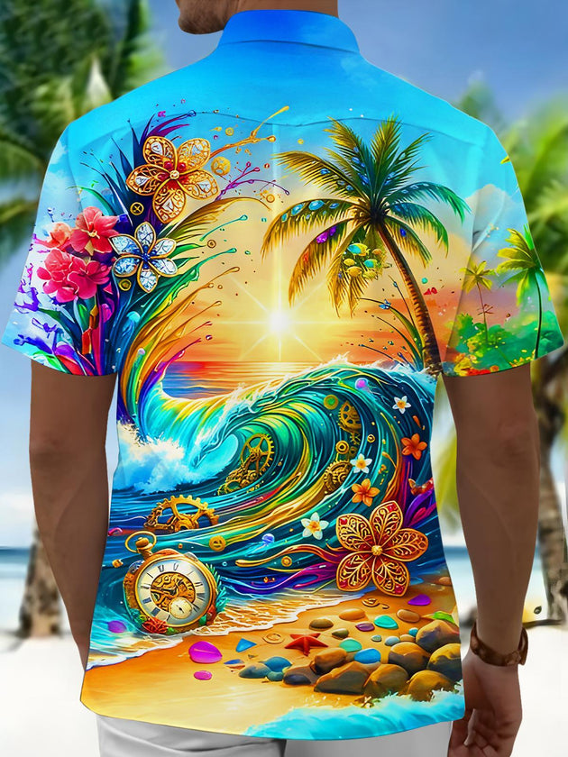 Men's Hawaiian wave print pocket short sleeve shirt back view