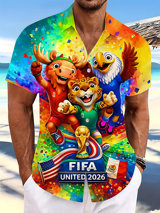 Colorful Tie Dye 2026 World Cup Mascot Football Sports Hawaiian Men's Pocket Short Sleeve Shirts