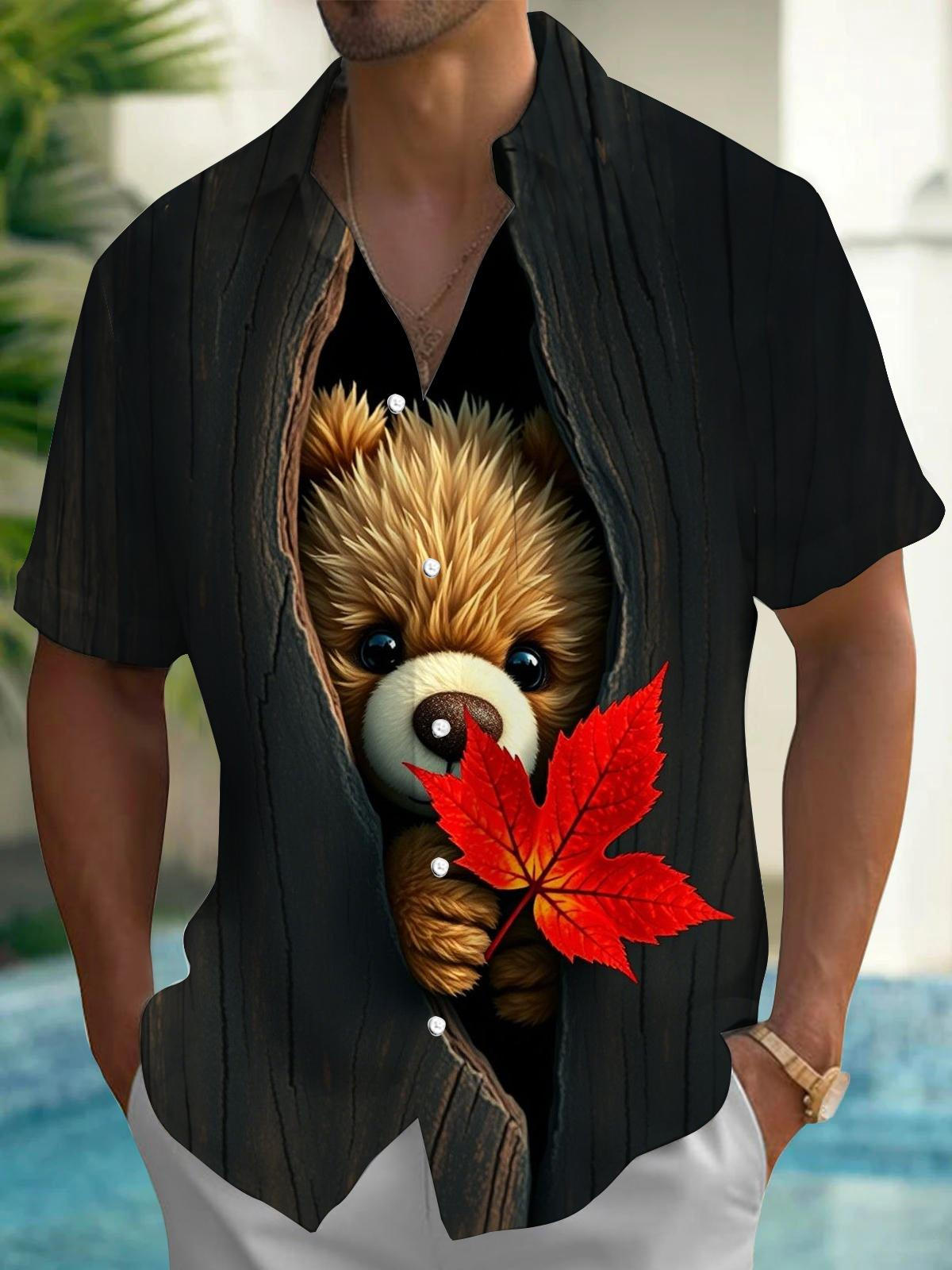 Teddy Bear Maple Leaf Print Men's Pocket Short Sleeve Shirts