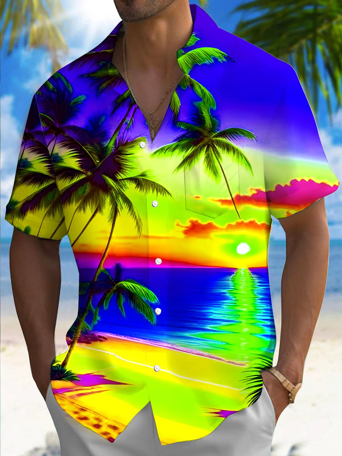 Hawaiian Palm Tree Sunset Landscape Print Men's Pocket Short Sleeve Shirts