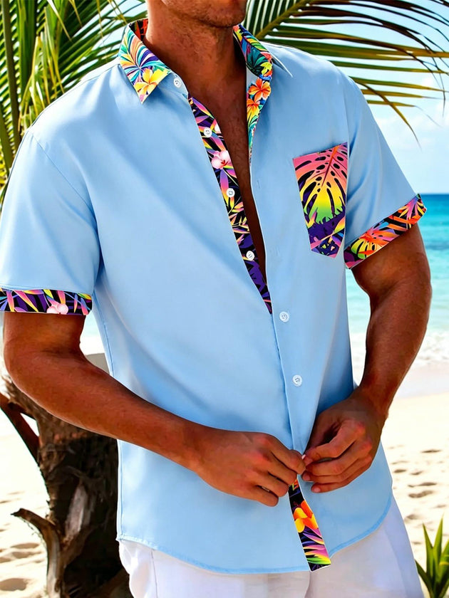 Men's blue Hawaiian floral leaves short sleeve shirt front view for beach vacation