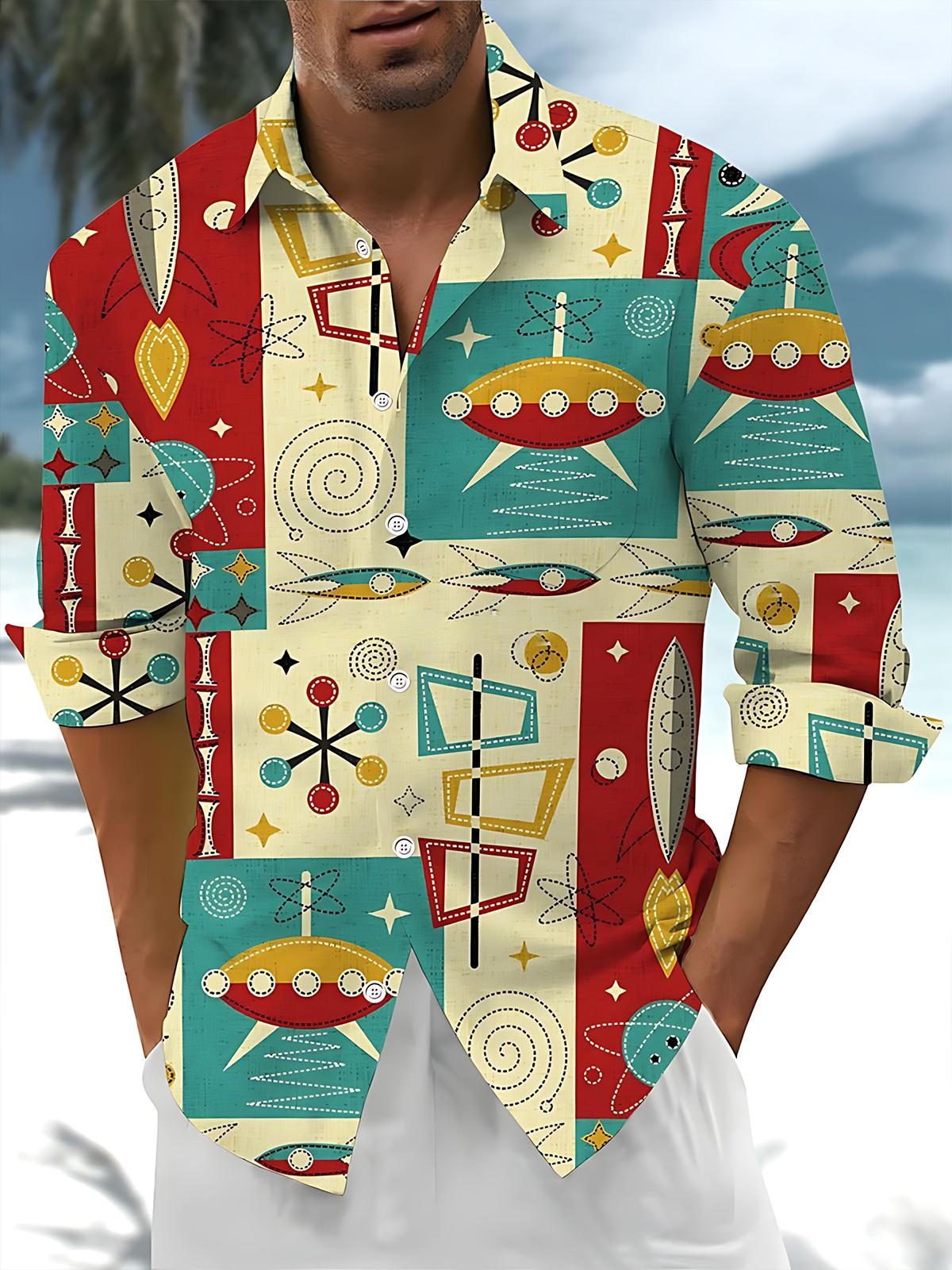 Vintage Geometric Cartoon Art Print Men's Pocket Long Sleeve Shirts