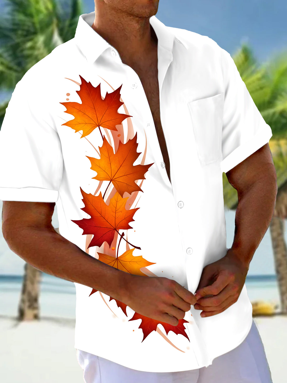 Maple Leaf Print Men's Pocket Short Sleeve Shirts