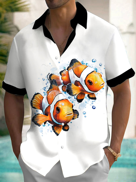 Men Fish Print Short Sleeve Shirt Front View