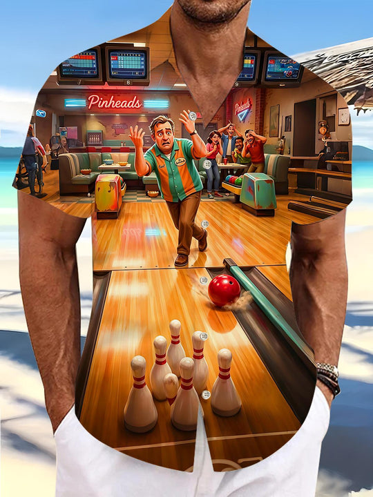 Bowling Alley Sports Fun Scene Men's Pocket Short Sleeve Shirts
