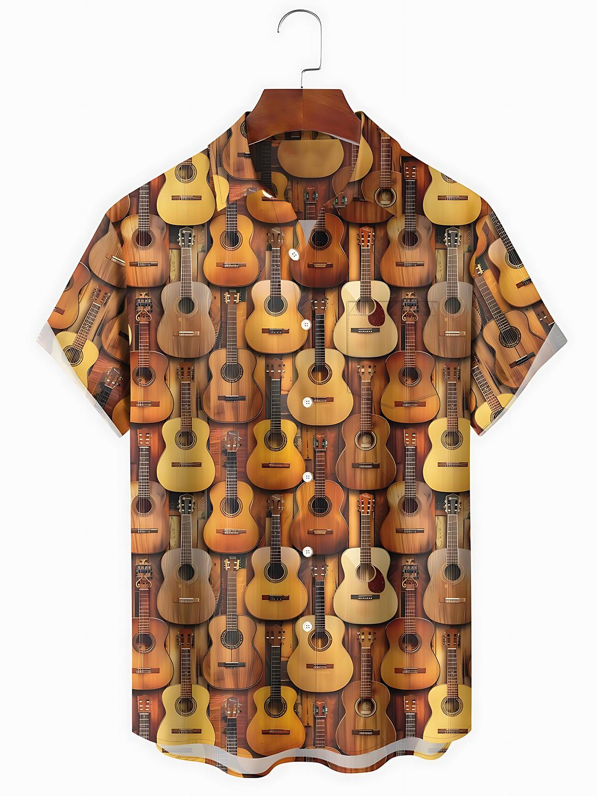 Vintage Guitar Print Men's Pocket Short Sleeve Shirts