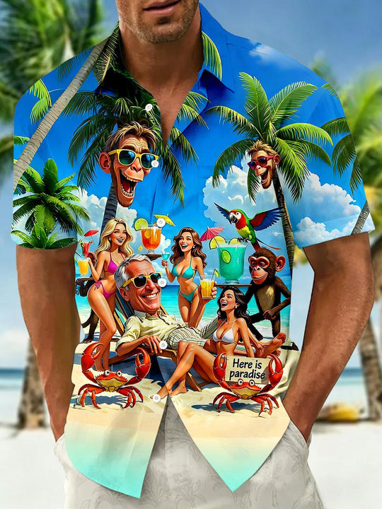 Hawaiian Fun Tropical Beach Party Cartoon Monkey Men's Pocket Short Sleeve Shirts