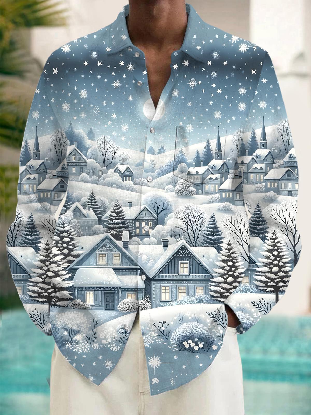 Winter Snow Scene Men's Pocket Long Sleeve Shirts