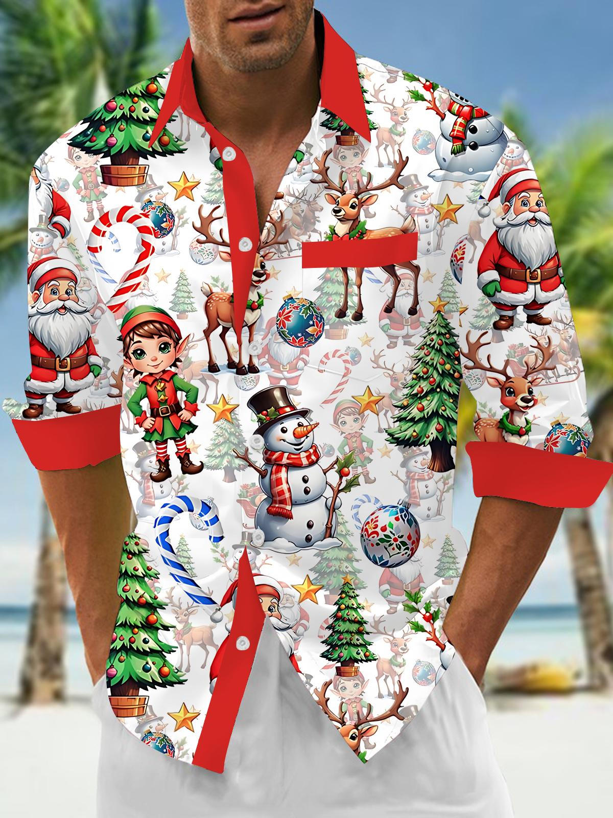 Christmas Print Men's Pocket Long Sleeve Shirts
