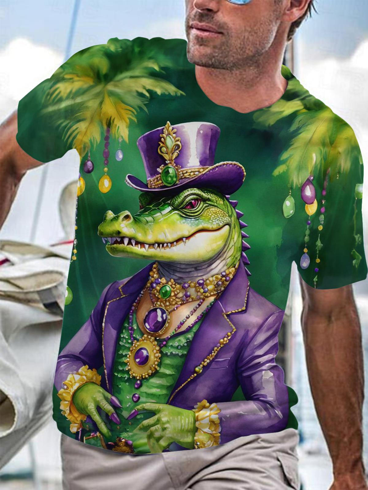 Mardi Gras Crocodile Print Round Neck Short Sleeve Men's T-shirt