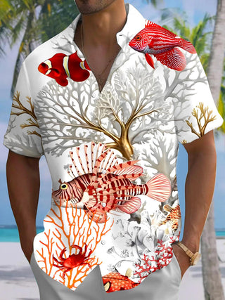 Men's Hawaiian fish print short sleeve shirt front view for tropical beach vacation