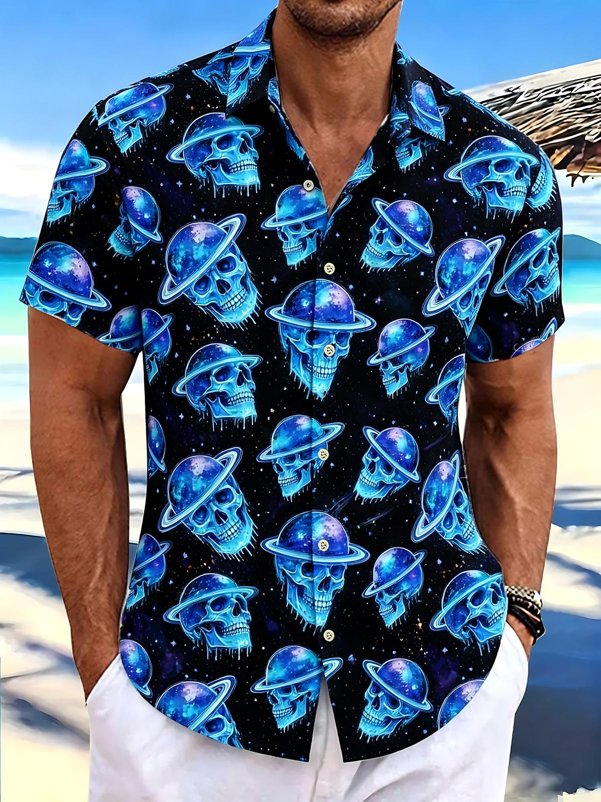 Galaxy Skull Hawaiian Print Men's Pocket Short Sleeve Shirts