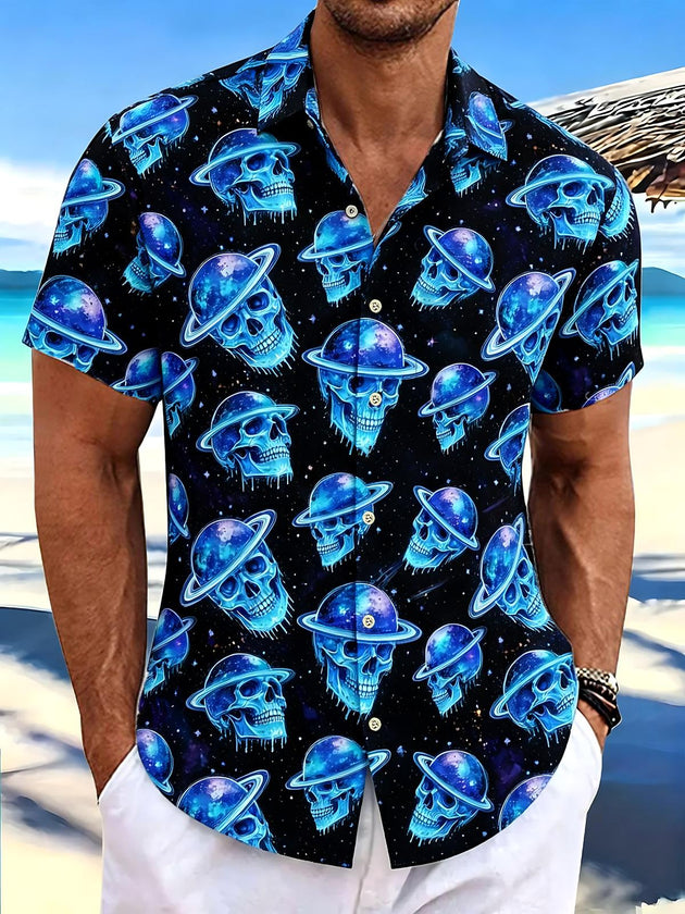 Galaxy Skull Hawaiian Print Men's Pocket Short Sleeve Shirts
