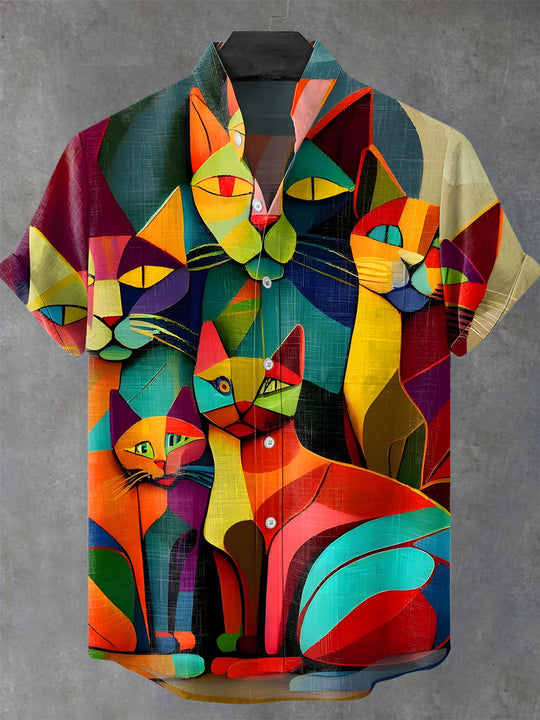 Men's Cat Geometry short sleeve stand collar shirt front view