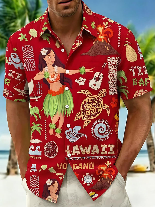 Red Hawaiian Hula Girl Men's Pocket Short Sleeve Shirts