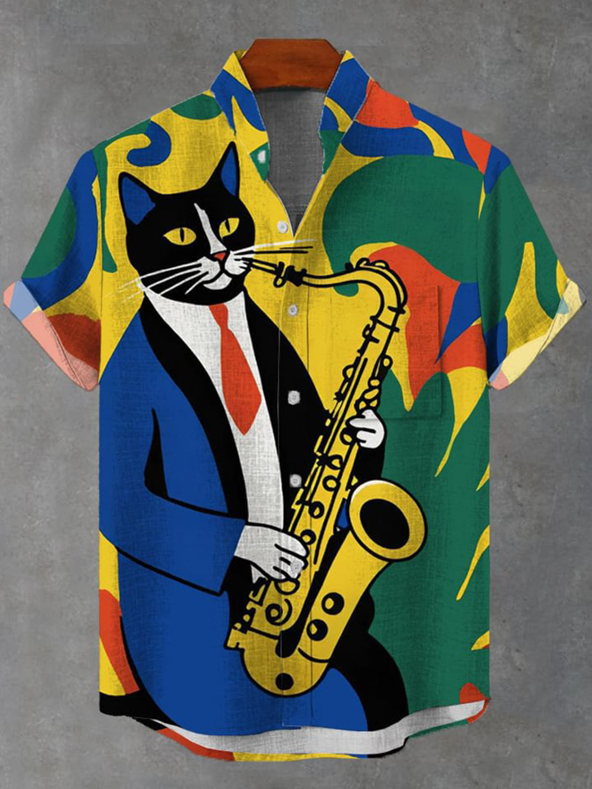 Musical Cat Men's Pocket Short Sleeve Stand Collar Shirts